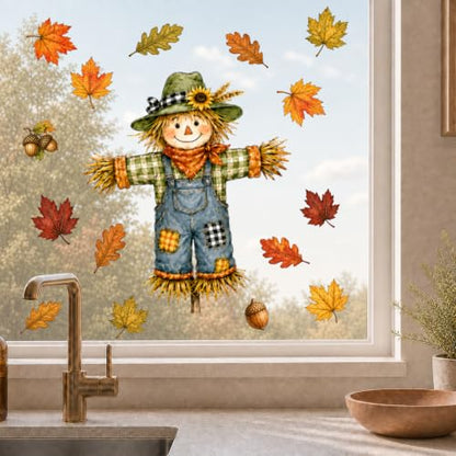 Farm Fall Window Clings - 13 Inch Scarecrow Autumn Decor, 6 Sheets