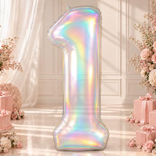 40 Inch Iridescent Number 1 Foil Balloon for Girls 1st Birthday Decorations - Variation of Iridescent / Number 1
