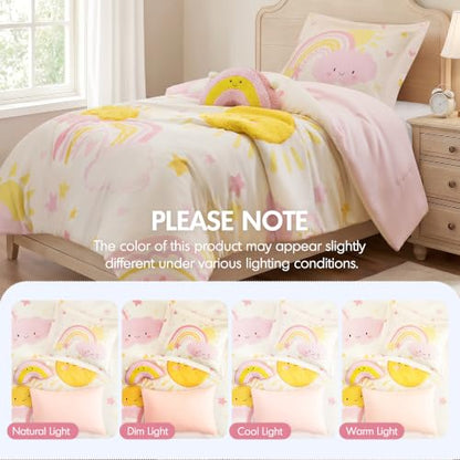Kids Pink Sunshine Comforter Set - Twin/Twin XL with Rainbow Pillow