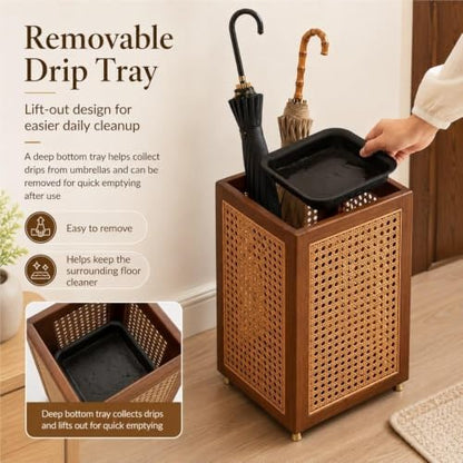 Plastic Rattan Umbrella Stand for Entryway, Tall Square Holder Basket with Drip Tray