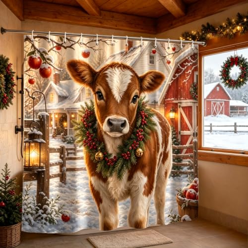 Christmas Farm Cow Snowy Farmhouse Shower Curtain - Rustic Holiday Decor - 72x72 Inches - Variation of THIS Listing