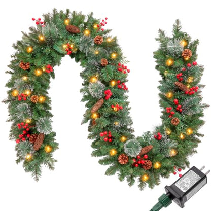 Holly Berries Christmas Garland 9FT Prelit with String Lights for Indoor & Outdoor Decor