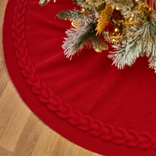 60 Inch Red Knitted Christmas Tree Skirt with Bowknot - Holiday Decor