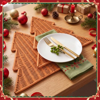 Brown Christmas Tree Placemats Set of 4 - Rattan Woven Holiday Table Decor