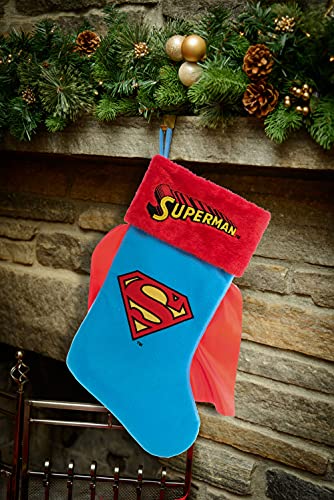 Superman Logo Christmas Stocking 20 Inch Applique Holiday Decor Blue with Cape - Gift Holder