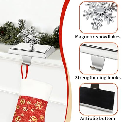 Silver Metal Christmas Stocking Holders Set of 4 - Heavy Duty Snowflake Mantle Decor
