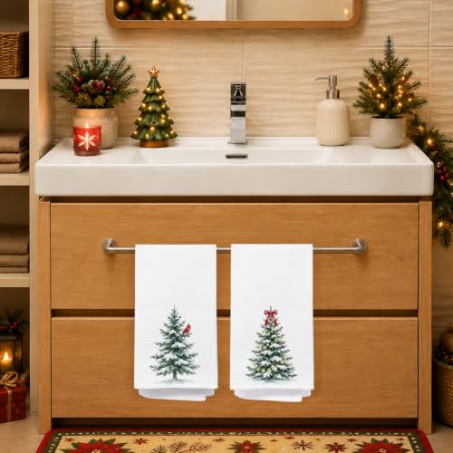 Christmas Tree Red Cardinal Kitchen Dish & Hand Towels Set of 2 - 16x24 Inches