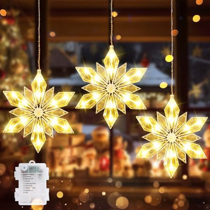 Quntis Christmas Snowflake Window Lights 3 Pack 36 LEDs Diamond-Star Decor with 8 Light Modes