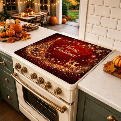 Christmas Stove Cover - Merry Christmas! Red Glitter Reindeer & Tree Decor, Heat Resistant Non-Slip 28x20in