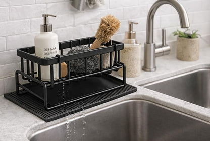 Skiennix Self-Draining Kitchen Sink Caddy - Non-Slip Metal Sponge Holder with Detachable Cloth, Black