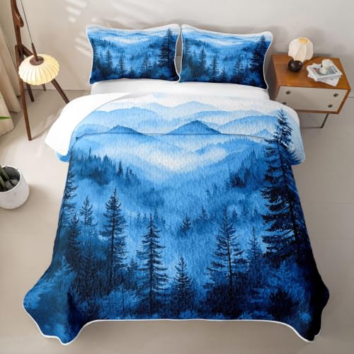 Blue Smoky Mountain Quilted Bedspread Set - Misty Pine, King Size
