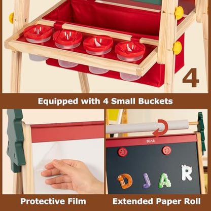 Kids Art Easel with Paper Roll & Magnetic Whiteboard - Red Christmas Tree