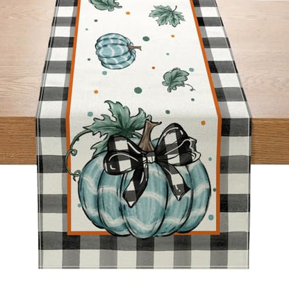 Blue Pumpkin Buffalo Plaid Fall Table Runner 13x72 Inch for Thanksgiving & Autumn Decor