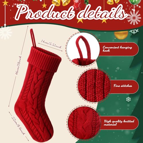 Christmas Stockings Set 12 with Wooden Name Tags Cable Knitted Design - Red, Green & White