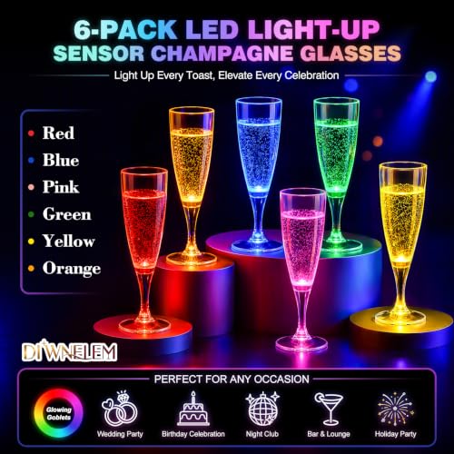 6 Mixed Colors LED Plastic Champagne Flutes 150ml Reusable Party Glasses