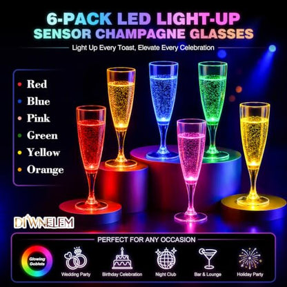 6 Mixed Colors LED Plastic Champagne Flutes 150ml Reusable Party Glasses