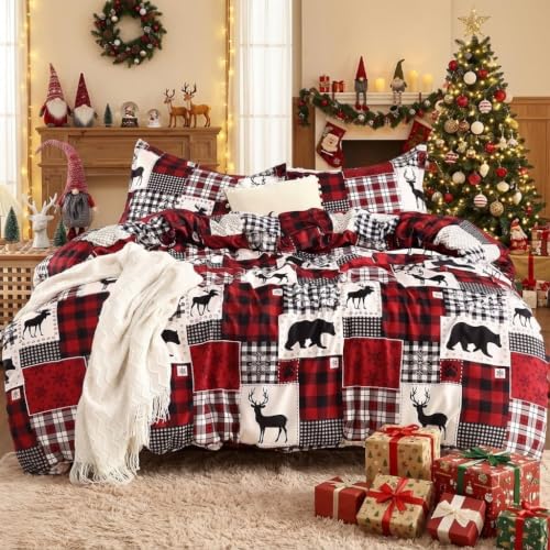 Reversible Christmas Duvet Cover Set Queen Black - Holiday Bedding