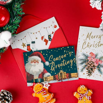 24 Holiday Christmas Cards with Red Envelopes & Stickers - Assorted Designs