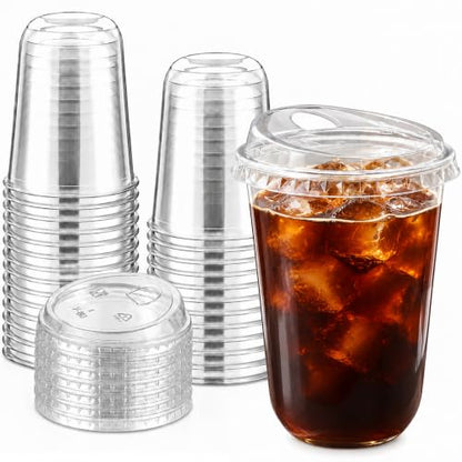 50 Pack 16 oz Clear Plastic Cups with Strawless Sip Lids for Cold Drinks