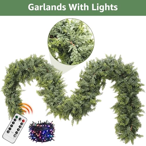 12FT Cedar Christmas Garland with Lights - Faux Pine Holiday Decor for Mantle & Outdoors