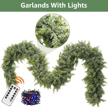 12FT Cedar Christmas Garland with Lights - Faux Pine Holiday Decor for Mantle & Outdoors