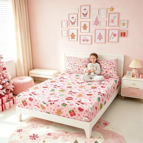 Pink Christmas Bed Sheets Set Twin Size Cartoon Santa Gingerbread Snowman No Top Flat Sheet