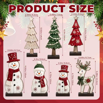 7 Pcs Christmas Wooden Snowman Tree Reindeer Table Decor Set - Red & Green