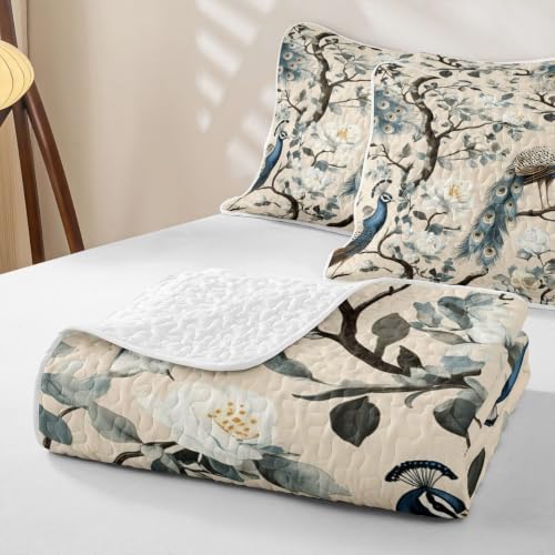 Navy Blue Peacock Flora Quilt Set Full Size Kids Girl Bedroom Decor 3Pcs