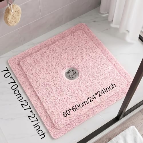 Pink Non Slip Shower Mat 24x24 Inch Square Loofah Bathmat with Drain Hole