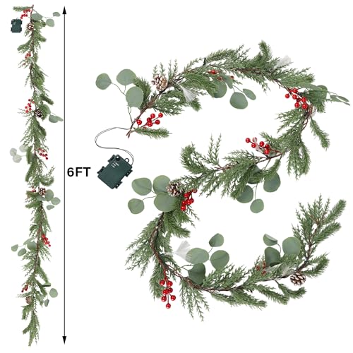 6ft Christmas Garland with Lights - Mantel Decor, Green Conifer, Red Berries & Pine Cones