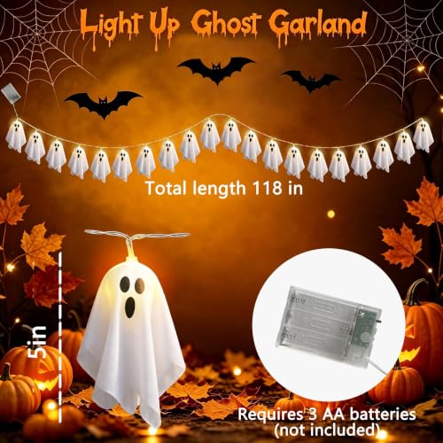 Ghost LED Light Up Garland - Halloween Decoration, 9.8ft, 20 Ghosts, Battery Powered, Handmade