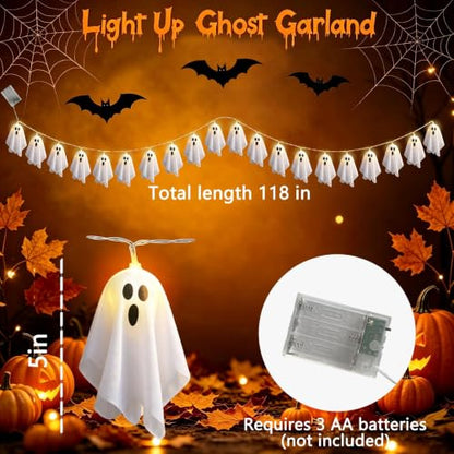 Ghost LED Light Up Garland - Halloween Decoration, 9.8ft, 20 Ghosts, Battery Powered, Handmade