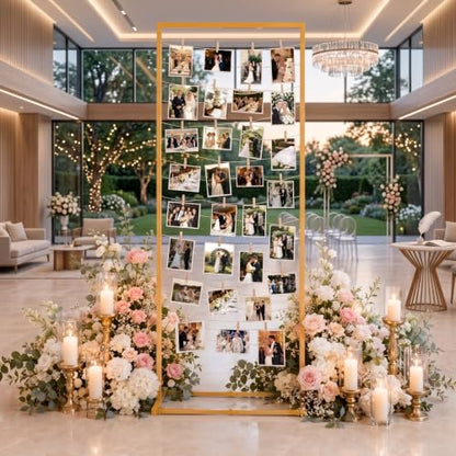 Gold Photo Display Board with Rope & Clips - Adjustable Collage Stand