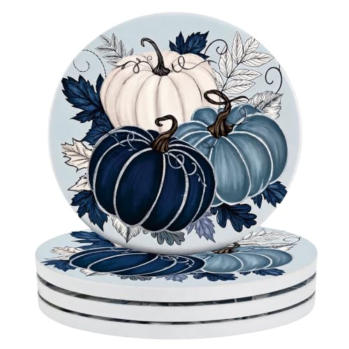 Fall Ceramic Drink Coasters Set - Blue Pumpkin Leaves Decor, 4 Pieces