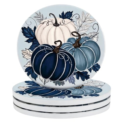 Fall Ceramic Drink Coasters Set - Blue Pumpkin Leaves Decor, 4 Pieces