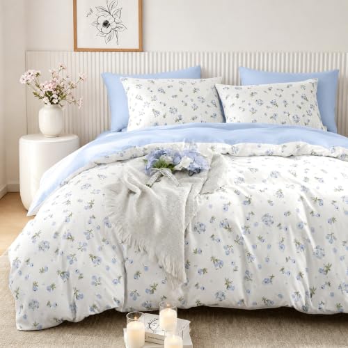 Queen Floral Duvet Cover Set - Blue 3-Piece Bed Bedding