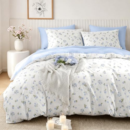 Queen Floral Duvet Cover Set - Blue 3-Piece Bed Bedding