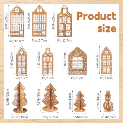 Christmas Gingerbread Village Set with Houses, Trees, Snowman - Holiday Decor
