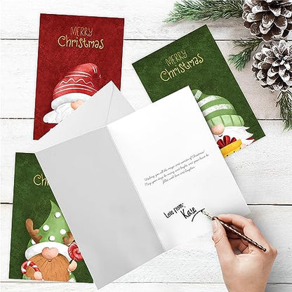 20 Christmas Gnome Cards with Envelopes & Gold Foil Stickers - Santa Theme