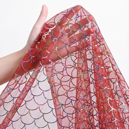 Red Colorful Mermaid Gauze Tablecloth 60x84 Inches Rectangular Glitter Mesh for Wedding Party