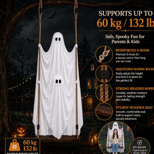Outdoor Hanging Ghost Decorations, 5 FT Large Swinging Ghost Set for Halloween Yard