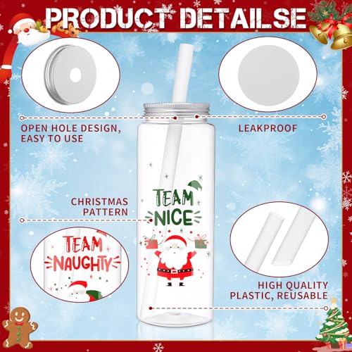 Christmas Mason Jar Tumblers with Lids & Straws - Team Style, 16.9 oz, Reusable Plastic Holiday Cups, Set of 24