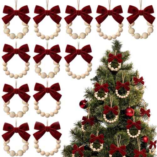 12 Pcs Rustic Wood Bead Wreath Christmas Ornaments with Velvet Bow