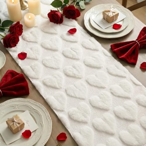 White Soft Plush Faux Fur Love Heart Valentine’s Table Runner 13x72 Inch Variation of THIS listing