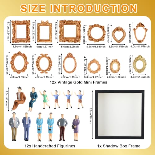 Mini Gold Photo Frame Box Set with 12 Miniature Figurines & DIY Display