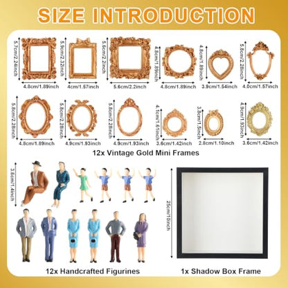 Mini Gold Photo Frame Box Set with 12 Miniature Figurines & DIY Display