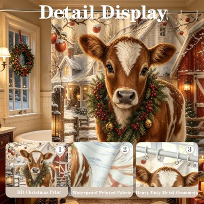 Christmas Farm Cow Snowy Farmhouse Shower Curtain - Rustic Holiday Decor - 72x72 Inches - Variation of THIS Listing