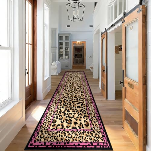 Pink Leopard Border Runner Rug 2x6 Feet - Stylish Cheetah Pattern, Non-Slip, Washable