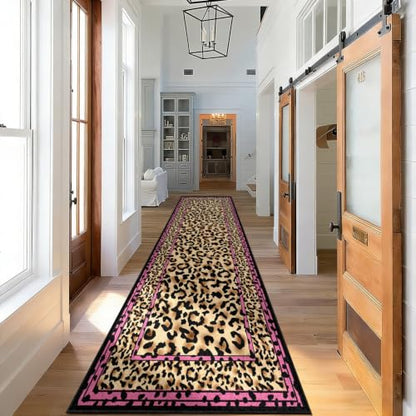 Pink Leopard Border Runner Rug 2x6 Feet - Stylish Cheetah Pattern, Non-Slip, Washable