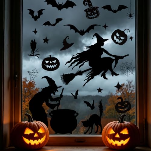 Castle Halloween Window Clings Set - Large Witch Bats Decor for Windows, Black, 6 Sheets - Variation: Castle